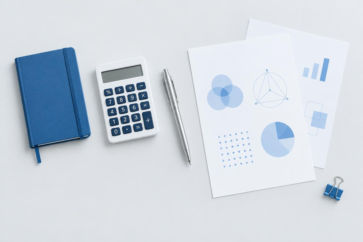Notebook, calculator, and stationery on a light desk