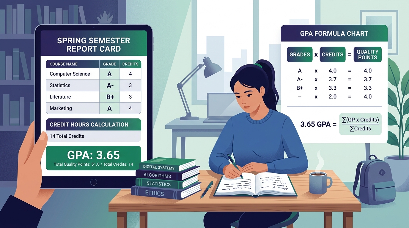GPA calculation guide illustration showing semester report card, credit hours calculation table, grade points, and formula chart
